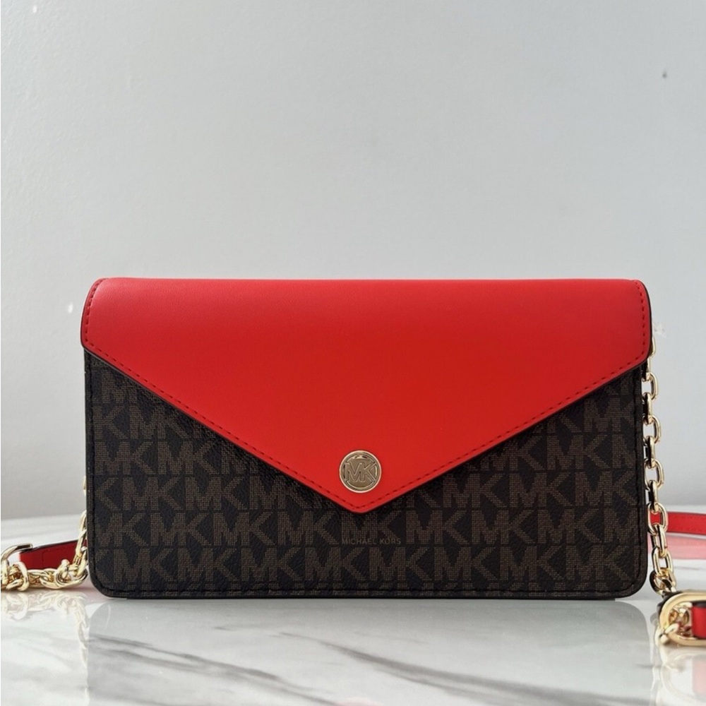 Michael Kors Jet Set Travel Small Flap Clutch Crossbody Bag (brown + red) - Picture 9 of 12